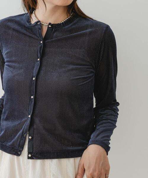 F by ROSSO（エフバイロッソ）の「F by ROSSO　シアーリブベロアコンパクトカーディガン（カーディガン/ボレロ・レディース・ネイビー/ピンク・FREE）」の2枚目の写真