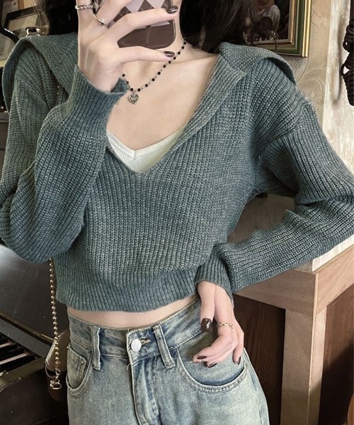 shoppinggo(ショッピングゴー)の「ニットトップス Vネック スキッパー カットソー レディース 秋冬 ニットセーター(ニット/セーター・レディース・ベージュ/ブラック/グレー・FREE)」の6枚目の写真
