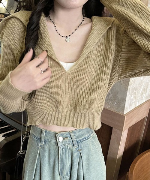 shoppinggo(ショッピングゴー)の「ニットトップス Vネック スキッパー カットソー レディース 秋冬 ニットセーター(ニット/セーター・レディース・ベージュ/ブラック/グレー・FREE)」の7枚目の写真