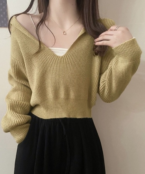 shoppinggo(ショッピングゴー)の「ニットトップス Vネック スキッパー カットソー レディース 秋冬 ニットセーター(ニット/セーター・レディース・ベージュ/ブラック/グレー・FREE)」の8枚目の写真