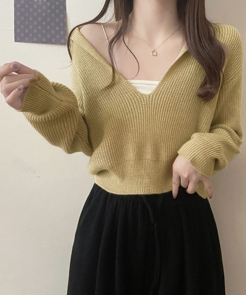 shoppinggo(ショッピングゴー)の「ニットトップス Vネック スキッパー カットソー レディース 秋冬 ニットセーター(ニット/セーター・レディース・ベージュ/ブラック/グレー・FREE)」の9枚目の写真