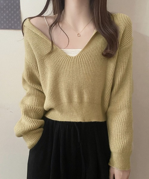 shoppinggo(ショッピングゴー)の「ニットトップス Vネック スキッパー カットソー レディース 秋冬 ニットセーター(ニット/セーター・レディース・ベージュ/ブラック/グレー・FREE)」の10枚目の写真