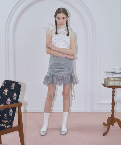 mieya mieya(ミーヤミーヤ)の「【mieya mieya】lace ribbon mini skirt/レースリボンミニスカート(スカート・レディース・ピンク/ブラック/グレー・FREE)」の1枚目の写真