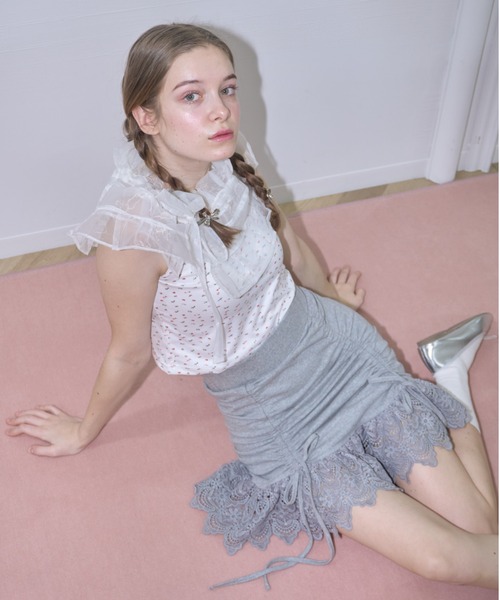 mieya mieya(ミーヤミーヤ)の「【mieya mieya】lace ribbon mini skirt/レースリボンミニスカート(スカート・レディース・ピンク/ブラック/グレー・FREE)」の4枚目の写真