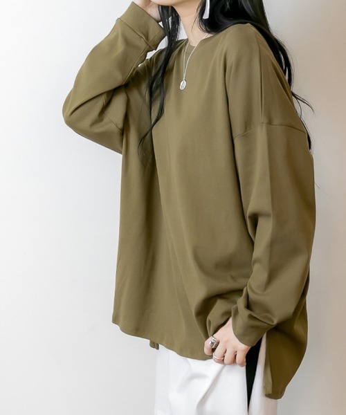 RCD(アールシーディー)の「【レイヤードでも大活躍!】ドルマンスリーブテールカットワイドロングカットソー(Tシャツ/カットソー・レディース・ピンクベージュ/グレイッシュベージュ/カーキ/ブラック/オフホワイト/サックスブルー/ベビーピンク・FREE)」の4枚目の写真
