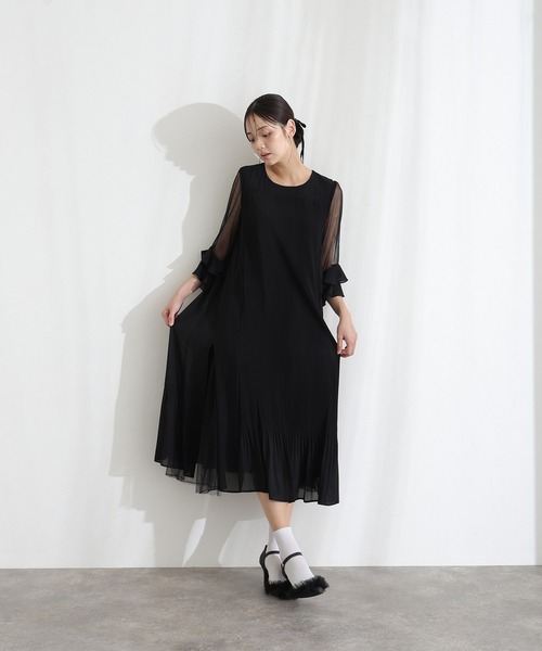 PourVous（プールヴー）の「ミモレ丈&袖あり フォーマル プリーツ シアースリーブ お呼ばれ 結婚式 二次会 パーティー ドレス オケージョンドレス 同窓会 成人式 （ドレス・レディース・ネイビー/ボルドー/ブラック/グレイッシュベージュ・M）」の8枚目の写真