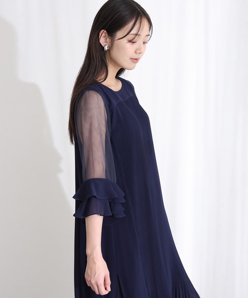 PourVous（プールヴー）の「ミモレ丈&袖あり フォーマル プリーツ シアースリーブ お呼ばれ 結婚式 二次会 パーティー ドレス オケージョンドレス 同窓会 成人式 （ドレス・レディース・ネイビー/ボルドー/ブラック/グレイッシュベージュ・M）」の12枚目の写真
