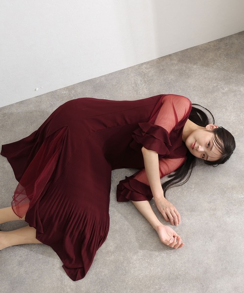 PourVous（プールヴー）の「ミモレ丈&袖あり フォーマル プリーツ シアースリーブ お呼ばれ 結婚式 二次会 パーティー ドレス オケージョンドレス 同窓会 成人式 （ドレス・レディース・ネイビー/ボルドー/ブラック/グレイッシュベージュ・M）」の18枚目の写真
