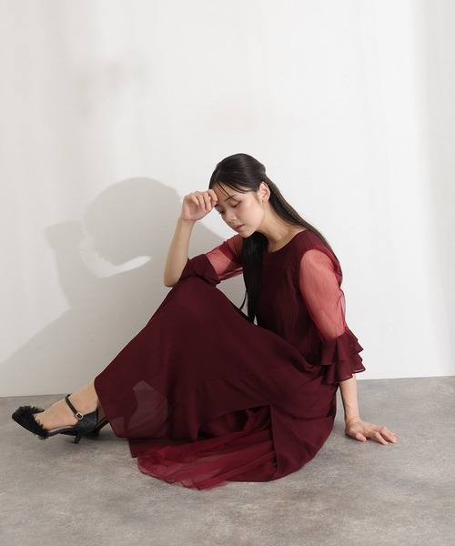 PourVous（プールヴー）の「ミモレ丈&袖あり フォーマル プリーツ シアースリーブ お呼ばれ 結婚式 二次会 パーティー ドレス オケージョンドレス 同窓会 成人式 （ドレス・レディース・ネイビー/ボルドー/ブラック/グレイッシュベージュ・M）」の20枚目の写真
