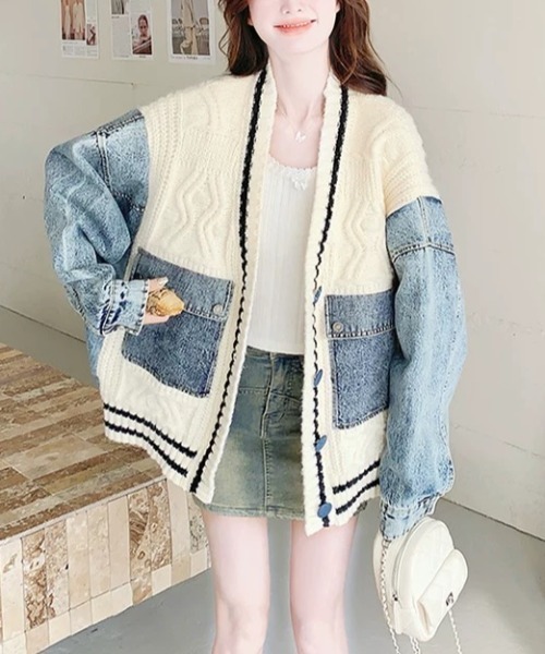 セール】デニムスリーブ切り替えカレッジカーディガン（デニム