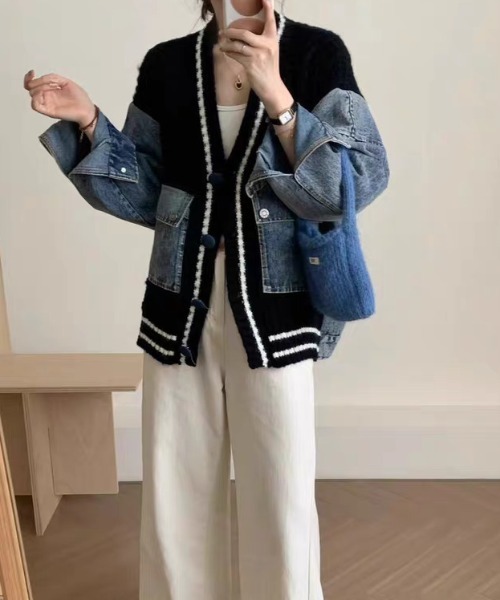 セール】デニムスリーブ切り替えカレッジカーディガン（デニム