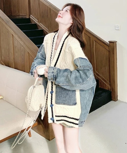 セール】デニムスリーブ切り替えカレッジカーディガン（デニム