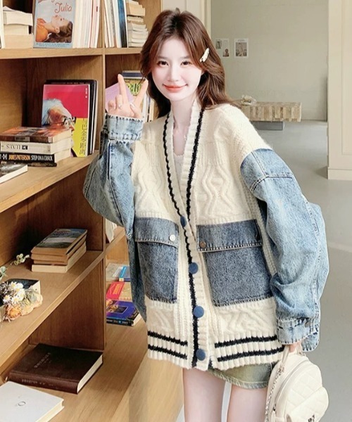 セール】デニムスリーブ切り替えカレッジカーディガン（デニム