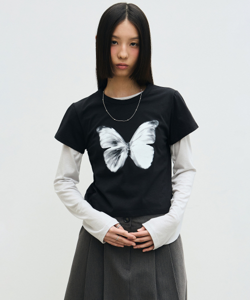 NICK&NICOLE(ニックアンドニコール)の「BUTTERFLY SOFT COLORING CROP TOP_BLACK WHITE(Tシャツ/カットソー・レディース・その他・FREE)」の3枚目の写真