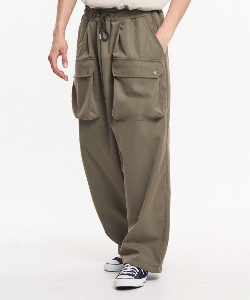 バルーンワイドストリングポケットカーゴパンツ - カーキ