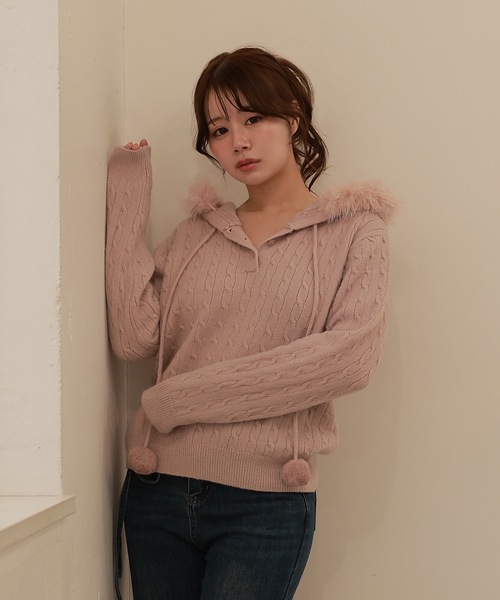 ponpon cable melia knit tops/ポンポンケーブルメリアニットトップス
