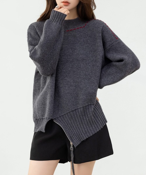 DAY CLOSET（デイ クローゼット）の「遊び心たっぷりニット。長袖 プチハイネック ステッチ アシメ ジップ ニット プルオーバー レディース（ニット/セーター・レディース・クリーム/チャコールグレー・FREE）」の2枚目の写真