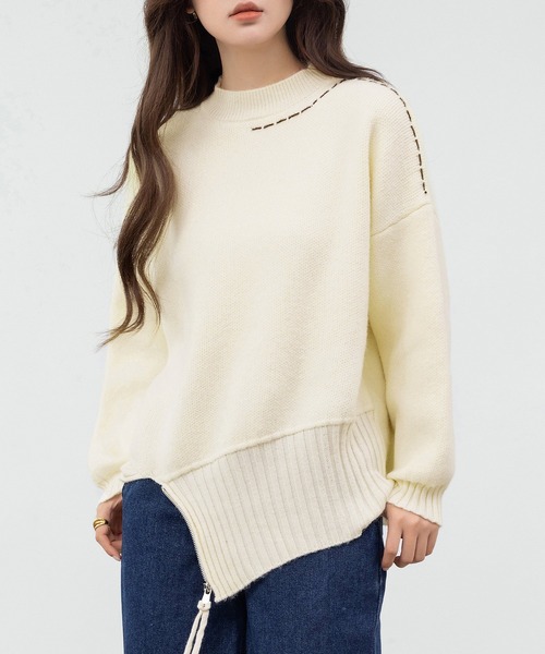 DAY CLOSET（デイ クローゼット）の「遊び心たっぷりニット。長袖 プチハイネック ステッチ アシメ ジップ ニット プルオーバー レディース（ニット/セーター・レディース・クリーム/チャコールグレー・FREE）」の4枚目の写真
