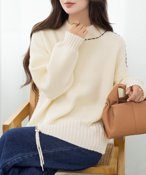 DAY CLOSET（デイ クローゼット）の「遊び心たっぷりニット。長袖 プチハイネック ステッチ アシメ ジップ ニット プルオーバー レディース（ニット/セーター・レディース・クリーム/チャコールグレー・FREE）」の5枚目の写真