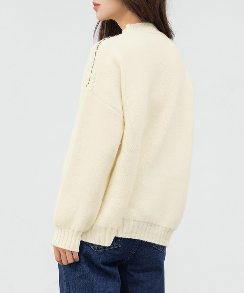 DAY CLOSET（デイ クローゼット）の「遊び心たっぷりニット。長袖 プチハイネック ステッチ アシメ ジップ ニット プルオーバー レディース（ニット/セーター・レディース・クリーム/チャコールグレー・FREE）」の6枚目の写真
