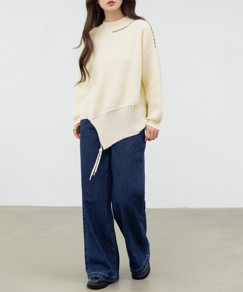 DAY CLOSET（デイ クローゼット）の「遊び心たっぷりニット。長袖 プチハイネック ステッチ アシメ ジップ ニット プルオーバー レディース（ニット/セーター・レディース・クリーム/チャコールグレー・FREE）」の7枚目の写真