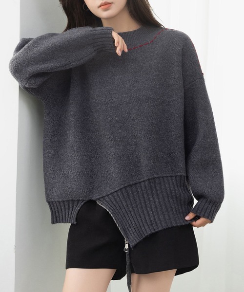 DAY CLOSET（デイ クローゼット）の「遊び心たっぷりニット。長袖 プチハイネック ステッチ アシメ ジップ ニット プルオーバー レディース（ニット/セーター・レディース・クリーム/チャコールグレー・FREE）」の11枚目の写真