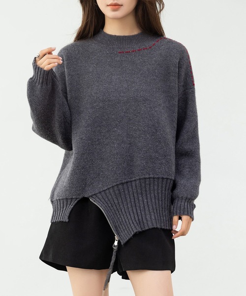 DAY CLOSET（デイ クローゼット）の「遊び心たっぷりニット。長袖 プチハイネック ステッチ アシメ ジップ ニット プルオーバー レディース（ニット/セーター・レディース・クリーム/チャコールグレー・FREE）」の9枚目の写真