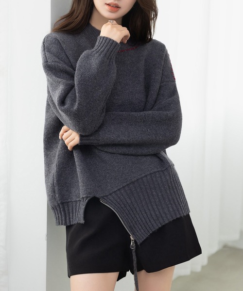 DAY CLOSET（デイ クローゼット）の「遊び心たっぷりニット。長袖 プチハイネック ステッチ アシメ ジップ ニット プルオーバー レディース（ニット/セーター・レディース・クリーム/チャコールグレー・FREE）」の10枚目の写真