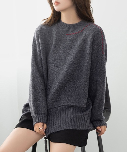 DAY CLOSET（デイ クローゼット）の「遊び心たっぷりニット。長袖 プチハイネック ステッチ アシメ ジップ ニット プルオーバー レディース（ニット/セーター・レディース・クリーム/チャコールグレー・FREE）」の12枚目の写真
