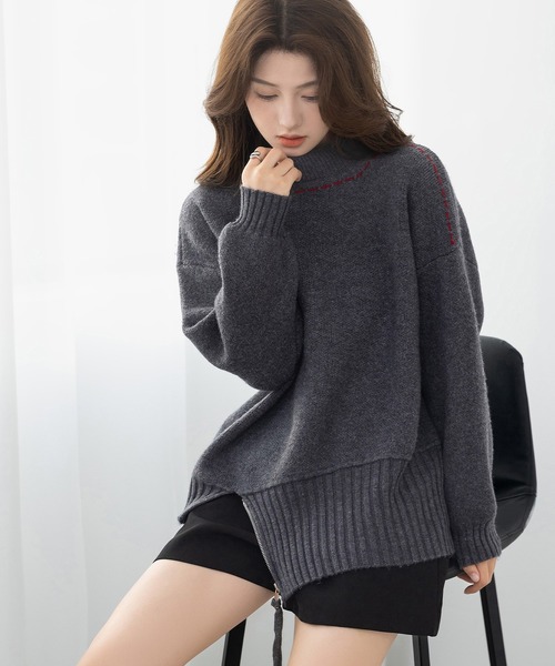 DAY CLOSET（デイ クローゼット）の「遊び心たっぷりニット。長袖 プチハイネック ステッチ アシメ ジップ ニット プルオーバー レディース（ニット/セーター・レディース・クリーム/チャコールグレー・FREE）」の8枚目の写真