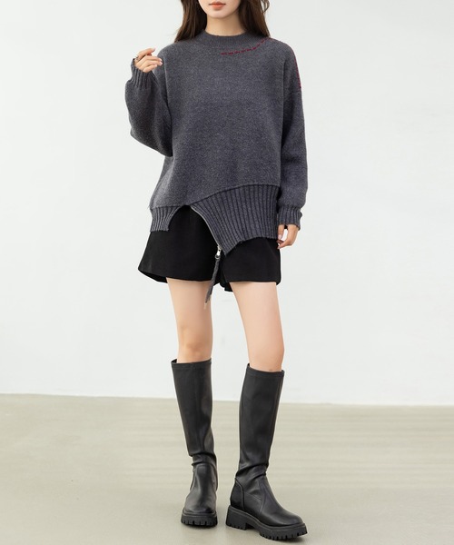 DAY CLOSET（デイ クローゼット）の「遊び心たっぷりニット。長袖 プチハイネック ステッチ アシメ ジップ ニット プルオーバー レディース（ニット/セーター・レディース・クリーム/チャコールグレー・FREE）」の13枚目の写真