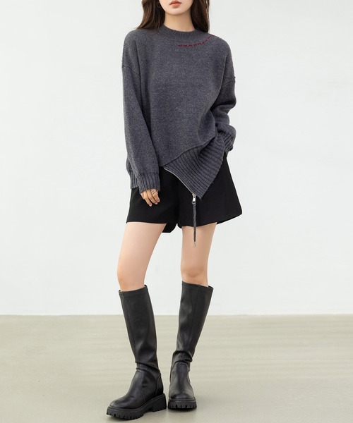 DAY CLOSET（デイ クローゼット）の「遊び心たっぷりニット。長袖 プチハイネック ステッチ アシメ ジップ ニット プルオーバー レディース（ニット/セーター・レディース・クリーム/チャコールグレー・FREE）」の14枚目の写真