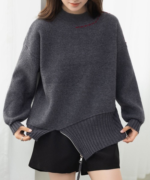 DAY CLOSET（デイ クローゼット）の「遊び心たっぷりニット。長袖 プチハイネック ステッチ アシメ ジップ ニット プルオーバー レディース（ニット/セーター・レディース・クリーム/チャコールグレー・FREE）」の18枚目の写真