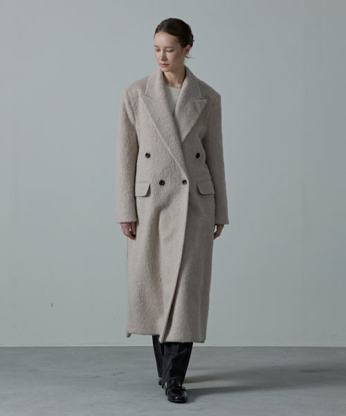COVE Wool Hairy Tailored Double Belted Coat_BEIGE