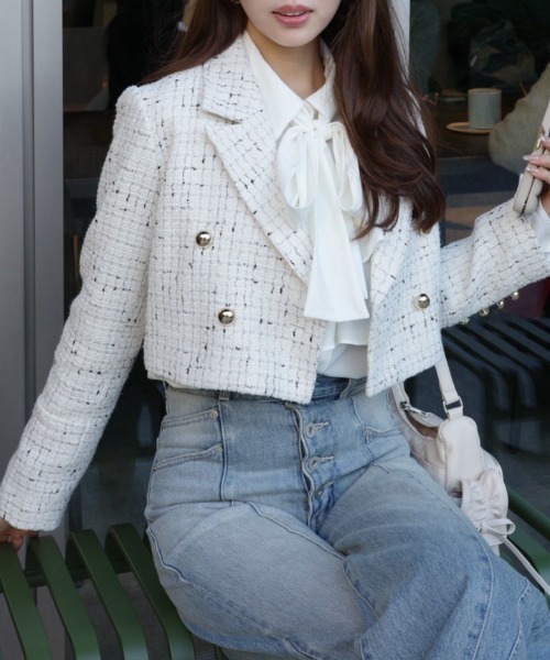 rienda(リエンダ)の「ツイードショートジャケット 春服(テーラードジャケット・レディース・ライトブルー/ブラック/ホワイト・SMALL/MEDIUM)」の1枚目の写真