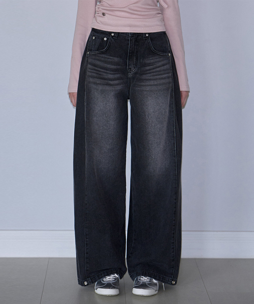 セール】Side Tuck Wide Denim Pants [Black]（デニムパンツ