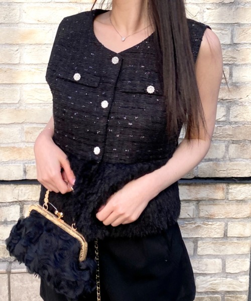 Mejoul（メジュール）の「シャギードッキングツイードノーカラーベスト ジャケット（ベスト・レディース・ホワイト/ブラック・S/M）」の11枚目の写真