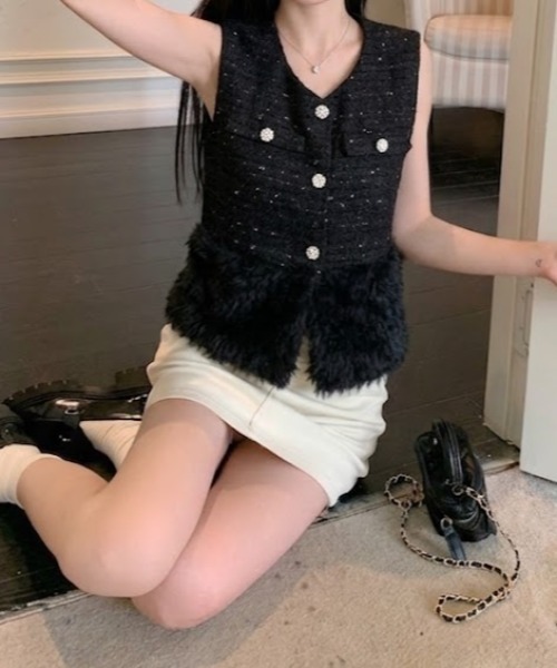 Mejoul（メジュール）の「シャギードッキングツイードノーカラーベスト ジャケット（ベスト・レディース・ホワイト/ブラック・S/M）」の22枚目の写真