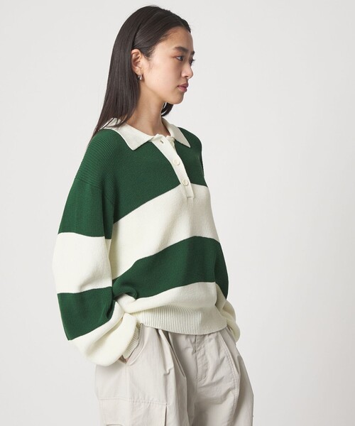 CITEN（シテン）の「＜CITEN＞ワイドボーダーポロニット（ニット/セーター・レディース・ブラウン系/ダークグリーン・FREE）」の2枚目の写真