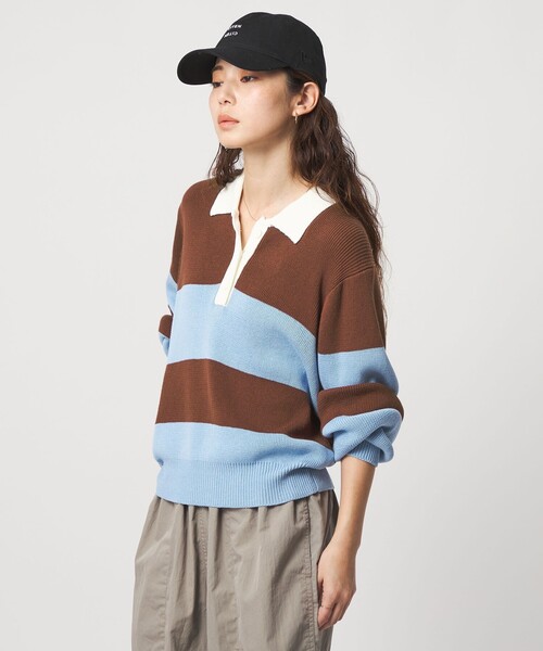 CITEN（シテン）の「＜CITEN＞ワイドボーダーポロニット（ニット/セーター・レディース・ブラウン系/ダークグリーン・FREE）」の3枚目の写真