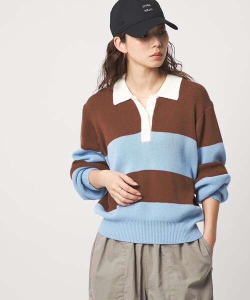 CITEN（シテン）の「＜CITEN＞ワイドボーダーポロニット（ニット/セーター・レディース・ブラウン系/ダークグリーン・FREE）」の4枚目の写真