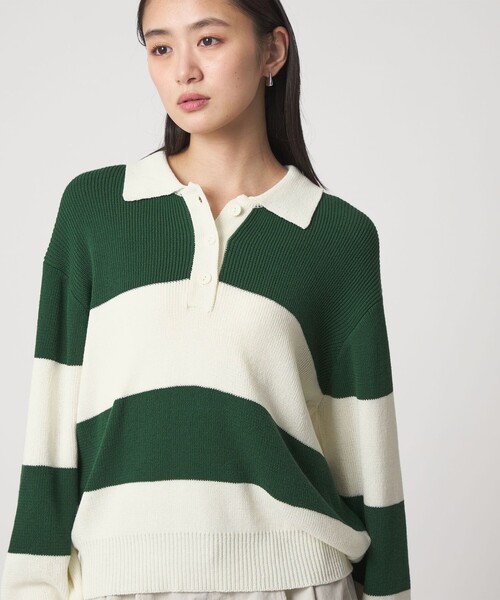 CITEN（シテン）の「＜CITEN＞ワイドボーダーポロニット（ニット/セーター・レディース・ブラウン系/ダークグリーン・FREE）」の6枚目の写真