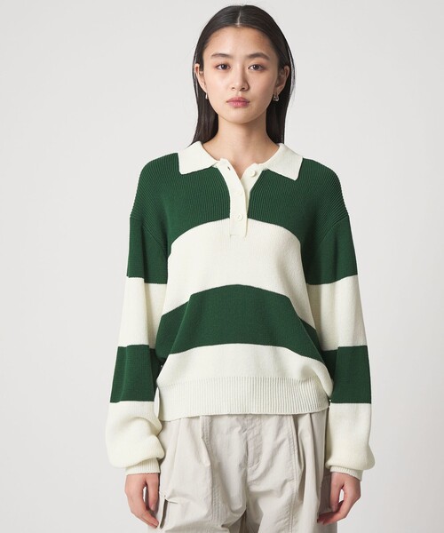 CITEN（シテン）の「＜CITEN＞ワイドボーダーポロニット（ニット/セーター・レディース・ブラウン系/ダークグリーン・FREE）」の7枚目の写真