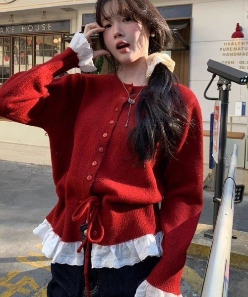 Ritzy(リッツィー)の「6色展開 フリルヘム ドローストリング カーディガン(ニット/セーター・レディース・ピンク/グレー/ブラック/パープル/レッド/ホワイト・FREE)」の6枚目の写真