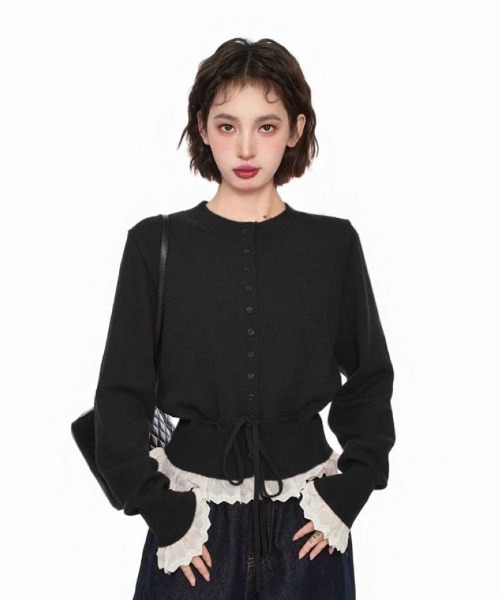 Ritzy(リッツィー)の「6色展開 フリルヘム ドローストリング カーディガン(ニット/セーター・レディース・ピンク/グレー/ブラック/パープル/レッド/ホワイト・FREE)」の3枚目の写真