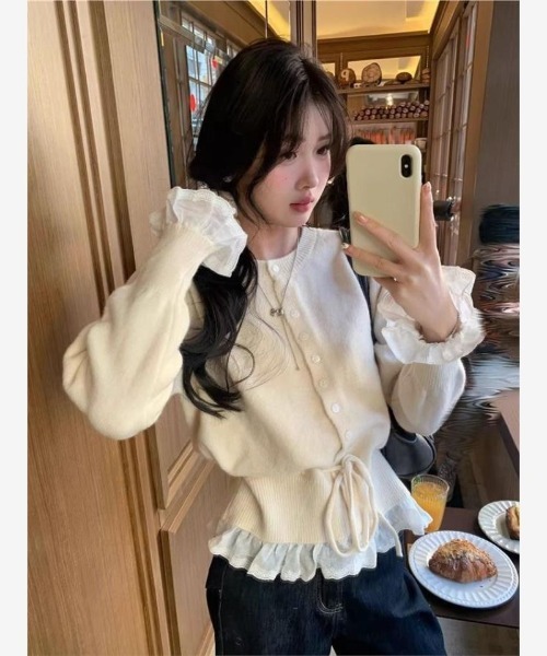 Ritzy(リッツィー)の「6色展開 フリルヘム ドローストリング カーディガン(ニット/セーター・レディース・ピンク/グレー/ブラック/パープル/レッド/ホワイト・FREE)」の7枚目の写真