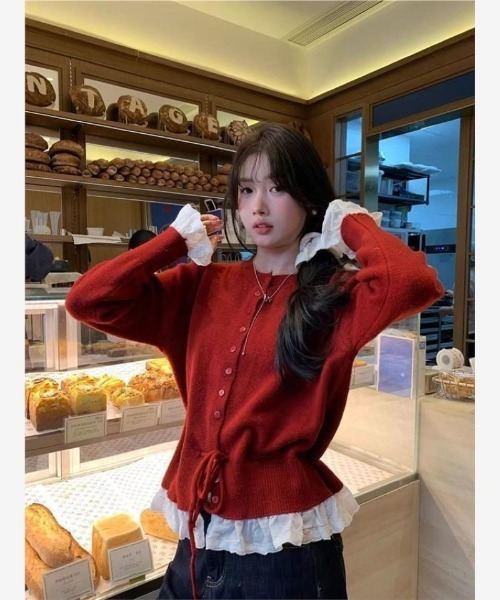 Ritzy(リッツィー)の「6色展開 フリルヘム ドローストリング カーディガン(ニット/セーター・レディース・ピンク/グレー/ブラック/パープル/レッド/ホワイト・FREE)」の8枚目の写真