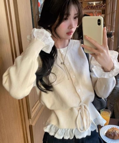 Ritzy(リッツィー)の「6色展開 フリルヘム ドローストリング カーディガン(ニット/セーター・レディース・ピンク/グレー/ブラック/パープル/レッド/ホワイト・FREE)」の12枚目の写真