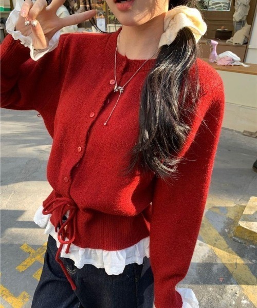 Ritzy(リッツィー)の「6色展開 フリルヘム ドローストリング カーディガン(ニット/セーター・レディース・ピンク/グレー/ブラック/パープル/レッド/ホワイト・FREE)」の16枚目の写真