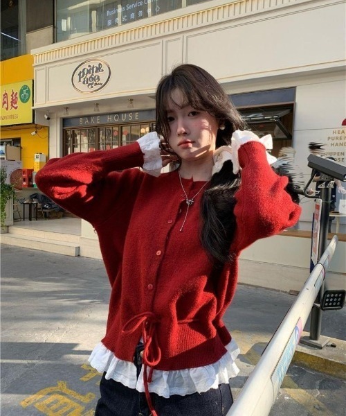 Ritzy(リッツィー)の「6色展開 フリルヘム ドローストリング カーディガン(ニット/セーター・レディース・ピンク/グレー/ブラック/パープル/レッド/ホワイト・FREE)」の17枚目の写真